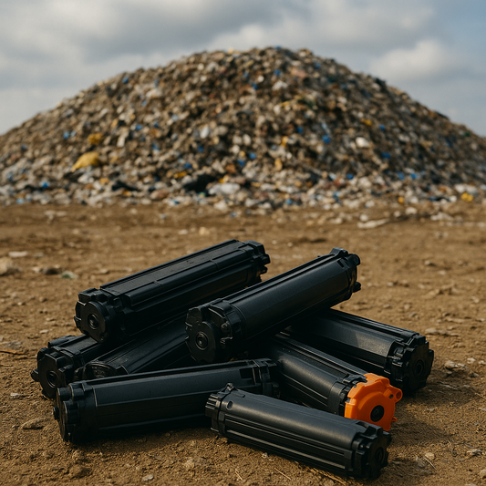 Discarded toner cartridges lying in the foreground with a landfill full of mixed waste in the background, symbolizing the environmental impact of non-recyclable printer supplies.