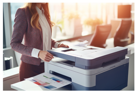 Businesswoman operating a multifunction office printer in a modern workspace, preparing color printouts with natural sunlight filtering through the windows.